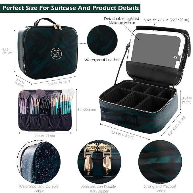 MOMIRA Makeup Train Case with Light-up Mirror, Cosmetic Bag Organizer, Portable Travel Makeup Case with Adjustable Dividers, Waterproof, Zebra-Green