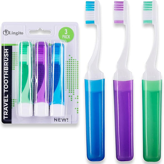 Lingito Mini Toothbrush with Cover, Camping & Travel Size with Case, Adults Kit (3 Pack)
