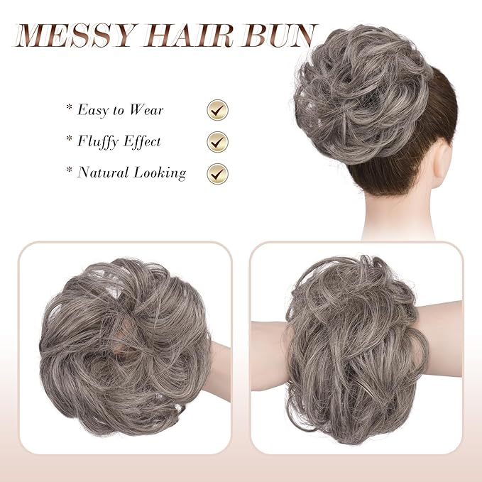 FESHFEN Messy Bun Hair Piece - Wavy Synthetic Chignon Scrunchies for Instant Volume, Elastic Bun Ponytail Hair Extensions Thick Hairpieces for Women, Salt and Pepper 1.50 oz