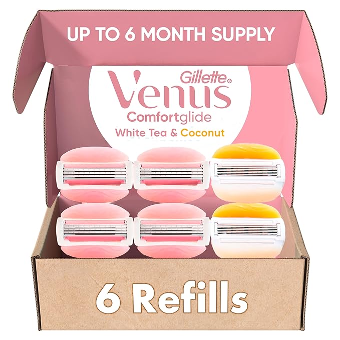Gillette Venus ComfortGlide White Tea 4 count, with Gillette Venus ComfortGlide plus Olay 2 count, Women's Razor Blade Refills