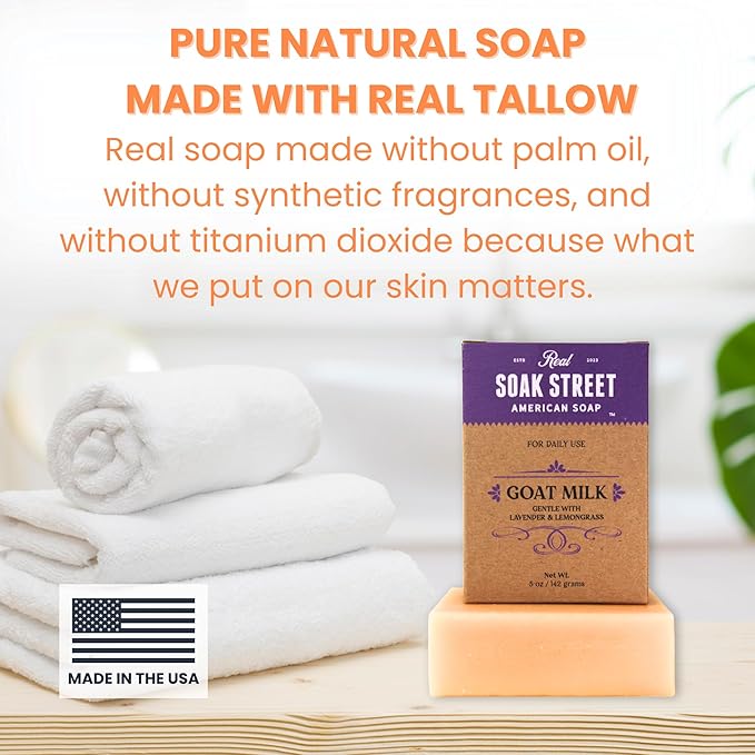 Soak Street Real American Soap with Goat Milk, Lavender & Lemongrass (3 Pack) – Long-Lasting, Moisturizing Natural Bar Soap with Grass Fed-Tallow, Gentle Conditioning Lard, & Coconut Oil – Daily Use