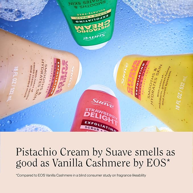 Suave Pistachio Cream Exfoliating Body Wash & Scrub with Glycerin & Vitamin E, Sulfate-Free Hydrating Cleanser for Soft, Smooth Skin, 6 Count, 18 FL OZ EA