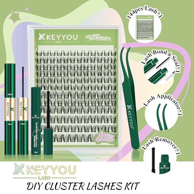 KEYYOU LASH Extension Kit 144Pcs Angel Lash Clusters Kit Thick Eyelash Extension Kit with Glue and Seal,Tweezers,Remover for DIY lash extension kit at Home（Kit-Angel A08-D-8-18MIX）