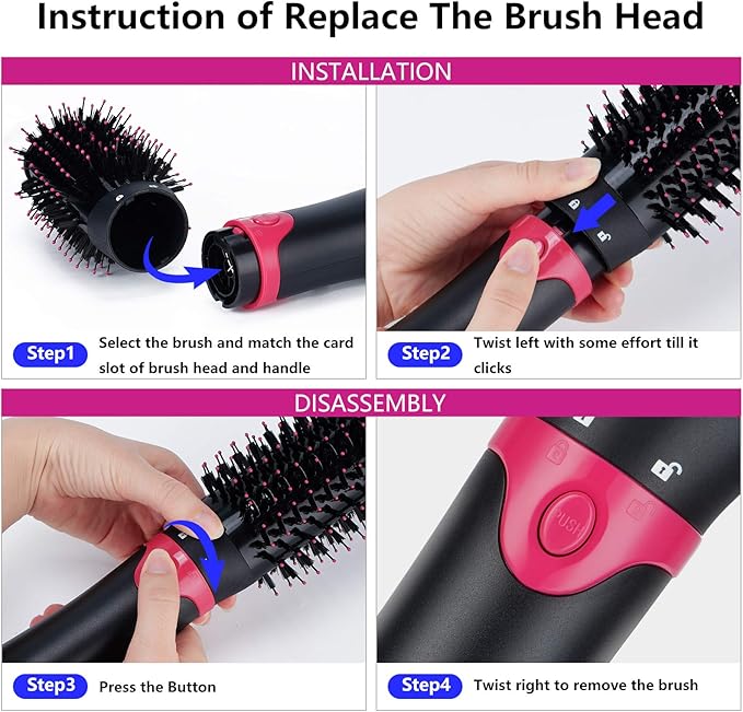 3 in 1 Hair Dryer & Volumizer, Ceramic Negative Ion Curling Dryer Styler with 3 Brush Heads (Rose Black)