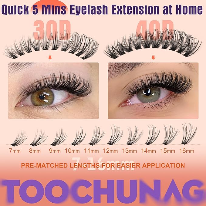 TOOCHUNAG Cat Eye Lash Clusters Kit Wispy DIY Lash Extension Kit Natural Eyelash Extension Kit 7-16mm Individual Cluster Lashes Extensions with Lash Bond and Seal, Tweezers, Brushes(30D+40D)