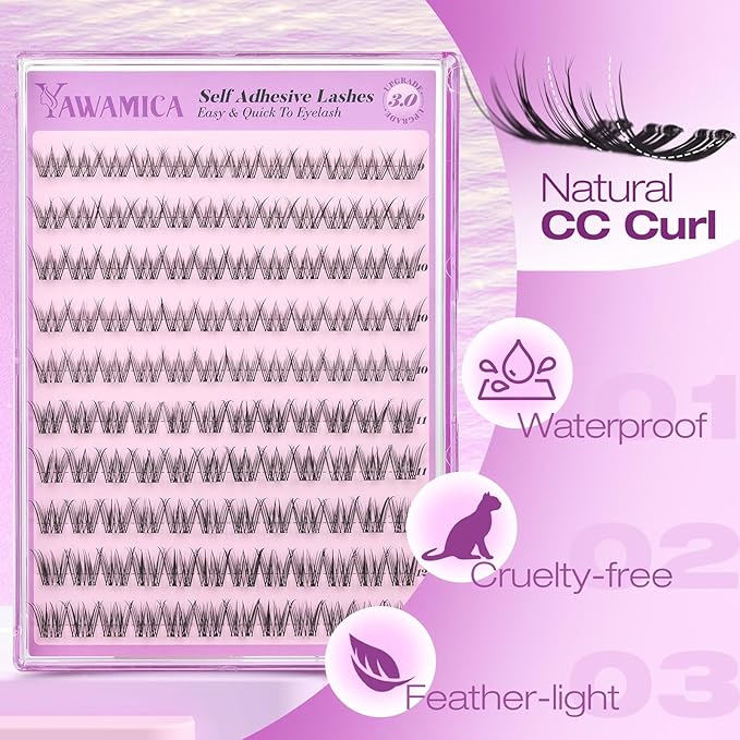 Yawamica Self Adhesive Eyelashes Natural Lash Clusters 9-12mm Pre-Glued Wispy Eyelash Clusters No Glue Press On Eyelash Extensions CC Curl Clear Band DIY Individual Lashes for Beginners