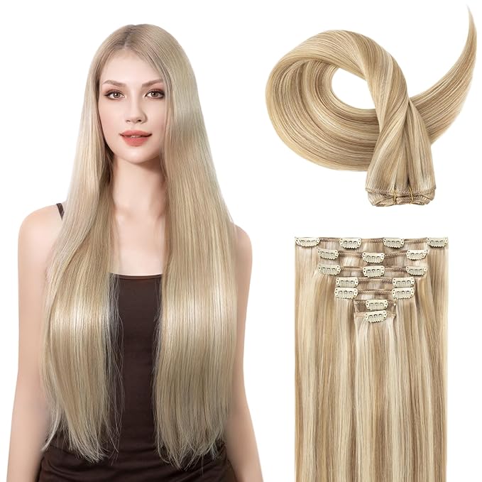 Clip in Hair Extensions Real Human Hair, Silky Remy Hair Extensions Clip Ins, Salon Quality Natural Human Hair, Light Blonde Highlighted Golden Blonde #P16/22 22Inch 120G 7PCS