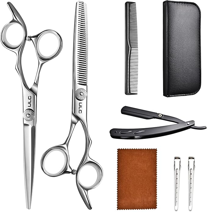 ULG Hair Cutting Scissors Set, 7 Inch 8-Piece Fast Haircut Kit for Easy Home Use with Thinning Scissors, Texturizing Razor, Comb, Clips - Silver Stainless Steel