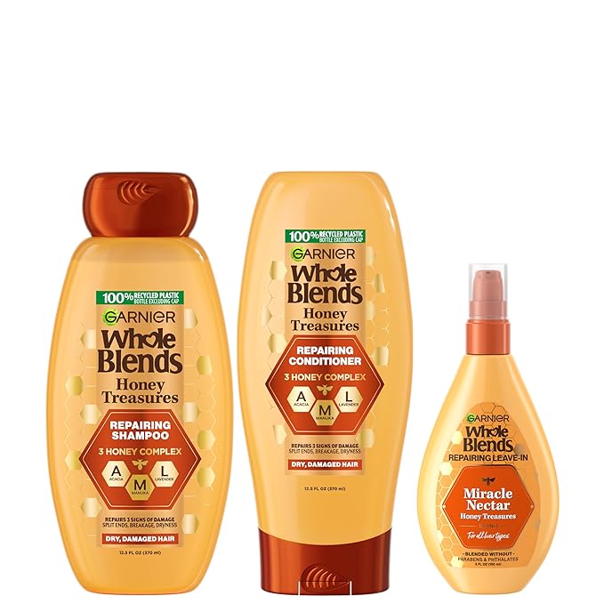 Garnier Whole Blends Honey Treasures Repairing Shampoo, Conditioner + Miracle Nectar Leave-In Set for Dry, Damaged Hair (3 Items), 1 Kit (Packaging May Vary)