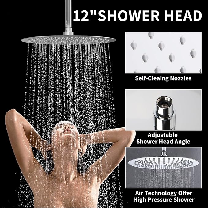 HONGTONGSOWER Chrome Shower Slide Bar System with 12inch Ceiling Rain Shower Head and 8inch Shower Faucet Set In Wall, Temperature Display Shower Faucet System Fixture with 2 in 1 Handheld Shower Wand