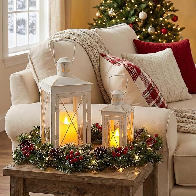 TRIROCKS Set of 2 Decorative Candle Lantern 12'' & 8'' High Metal Candle Holder Hanging Lantern Perfect for Home Decor Patio Living Room Parties Events Tabletop Indoors Outdoors (White)