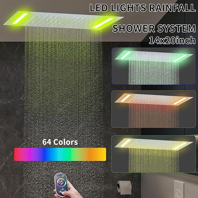 WHSHOWER Digital Display Shower Faucet Set With 14x20 Inch LED Rainfall Shower Head,Brass Handheld Sprayer And 6pcs Body Jets,Full Body Shower System (Brushed Nickel)