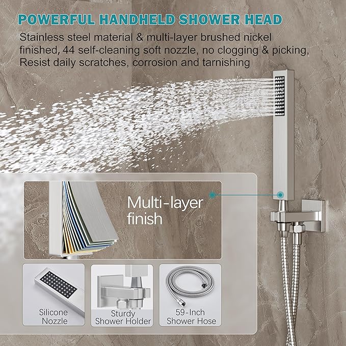 HoliSpa Shower System, Brushed Nickel Shower Faucet Set with 12-Inch Rain Showerhead and Handheld Spray, Wall Mounted High-Pressure Showerhead Combo Set Included Valve and Trim, Brushed Nickel