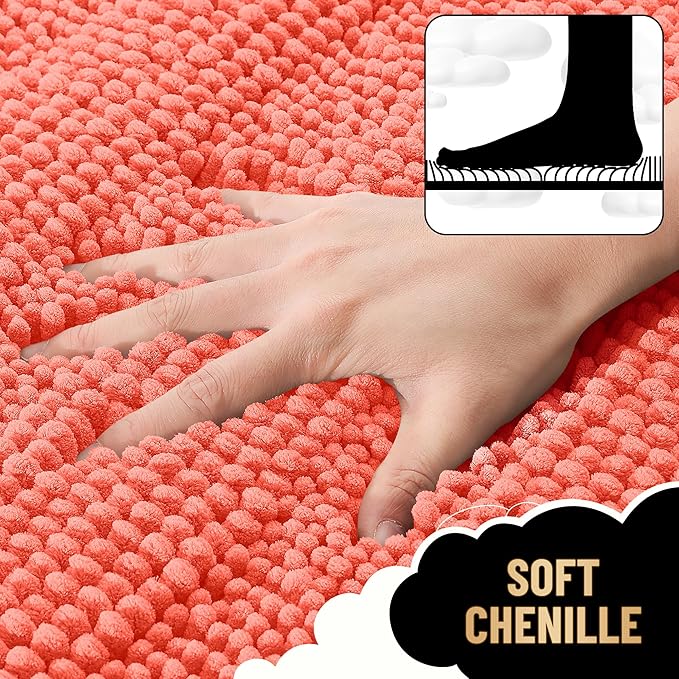 OLANLY Thick Bathroom Rugs 24x16, Extra Soft Absorbent Chenille Striped Bath Rugs, Rubber Backing, Machine Wash Dry, Bath Mats for Bathroom Floor, Tub and Shower, Home Decor Accessories, Coral