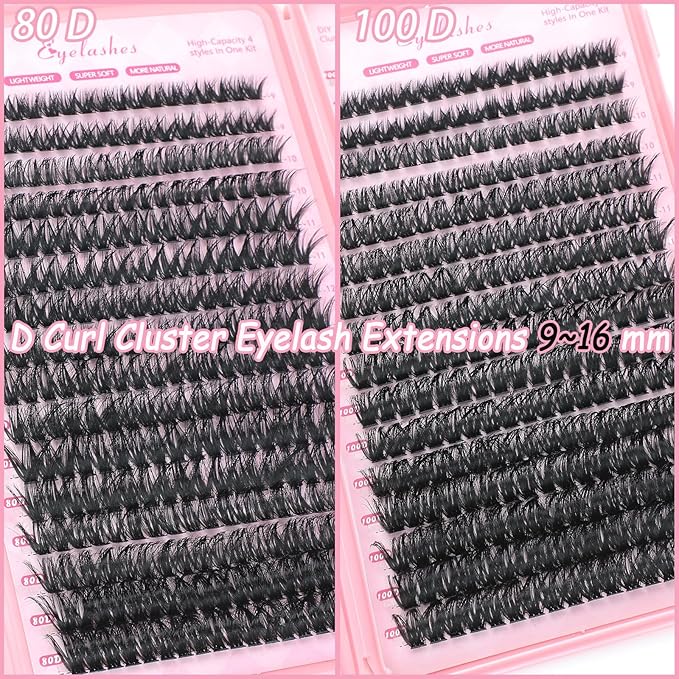Manga Lash Clusters, 640 Pcs Eyelash Clusters Individual Lash Extension Kit D Curl Fluffy Wispy False Eyelashes Extensions Thin Band (80D+100D)