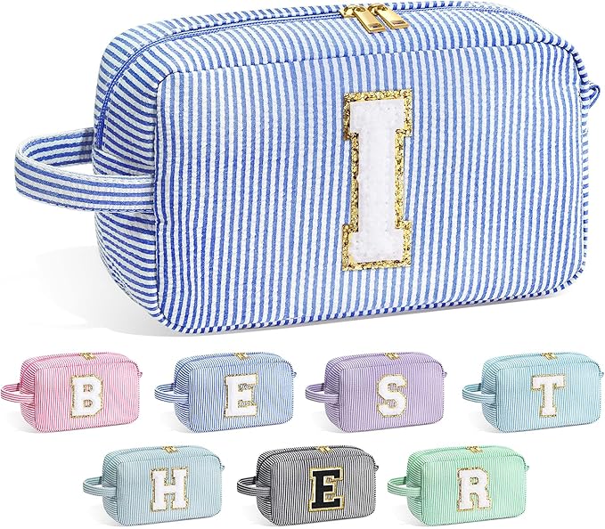YOOLIFE Initial Cosmetic Bag for Women - Monogram Cute Makeup Bag Cosmetic Case Toiletry Pouch for Women Her Best Friend Sister Teacher, Personalized Birthday Gifts for Women, Blue I