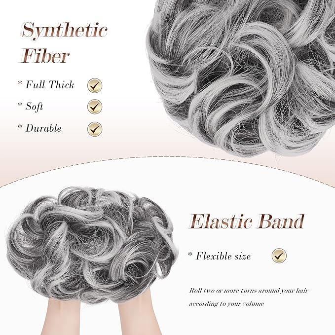 FESHFEN Large Messy Bun Hair Piece - Wavy Synthetic Chignon Scrunchies Elastic Ponytail Hair Extensions Thick Hairpieces for Women, Black with White Tips 1.94oz