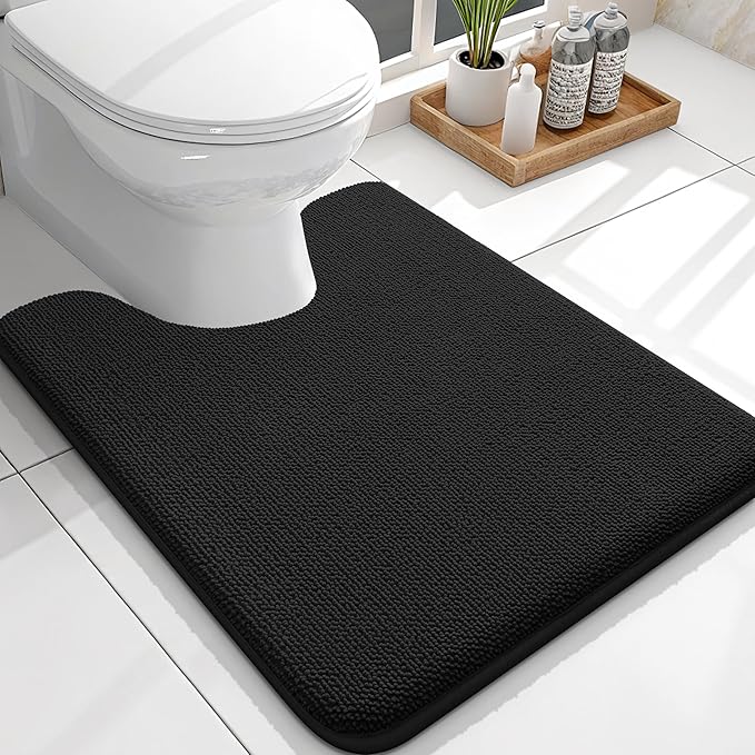 OLANLY Toilet Rugs U-Shaped 24x20, Extra Soft Absorbent Thick Memory Foam Contour Bathroom Rugs, Dry Quickly, Machine Washable, Non-Slip Toilet Bath Mat, Home Decor Accessories, Black