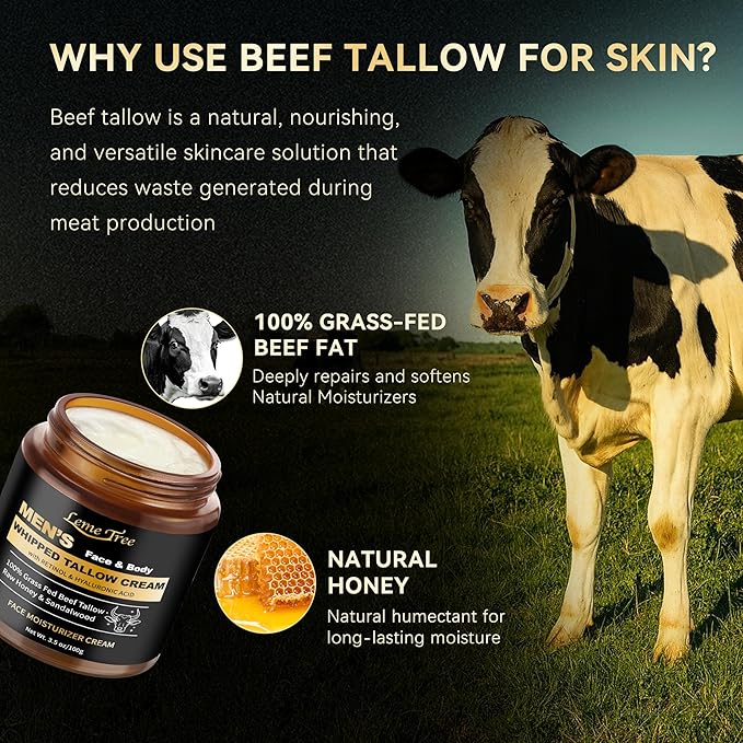 Men's Beef Tallow for Skin, Whipped Grass-Fed Beef Tallow Face Cream, Tallow Balm with Anti-Aging Retinol & Hyaluronic Acid, Mens Skin Care Face Moisturizer, Reduces Wrinkles Lines, Sandalwood, 3.5 OZ