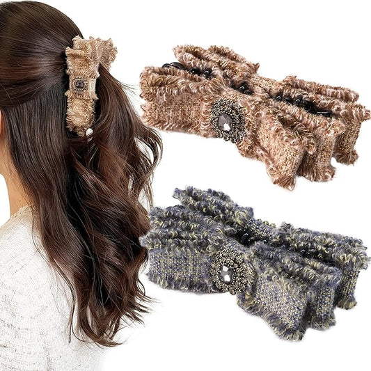 2 Pack Tweed Banana Hair Clips for Fine to Medium Hair, Elegant Plaid Ponytail Holder for Thin Hair, Half-Up Styling Accessory for Thick Hair, Vintage French Style Fabric Hair Clamps (Grey & Beige)