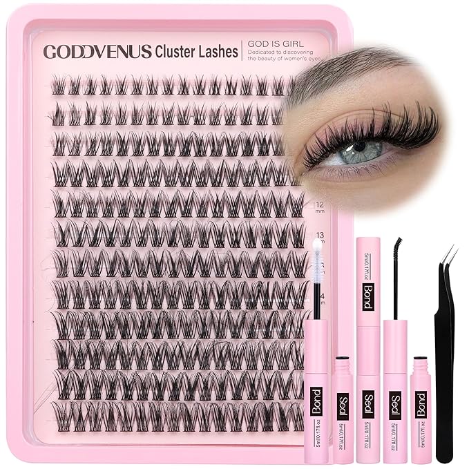 Lash Clusters Kit Wispy Lash Extension Kit Waterproof Lashes Clusters DIY Eyelash Clusters Kit with Natural Individual Eyelashes, Lashes Glue Bond and Seal and Lash Tweezers (D Curl 192pcs)