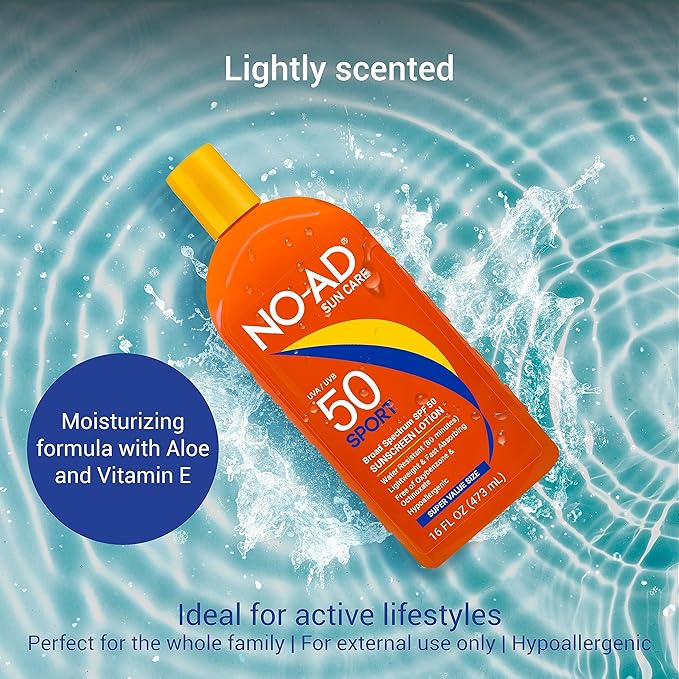 NO-AD SPF 50 SPORT Sunscreen Lotion | Hypoallergenic | Broad Spectrum UVA/UVB Protection | Water Resistant | Octinoxate & Oxybenzone Free with moisturizing Vitamin E and Aloe 16oz | Pack of 2