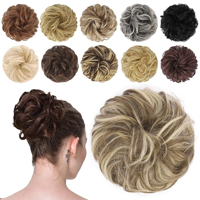 FESHFEN Messy Bun Hair Piece - Wavy Synthetic Chignon Scrunchies for Instant Volume, Elastic Bun Ponytail Hair Extensions Thick Hairpieces for Women, Brunette & Blonde 1.50 oz
