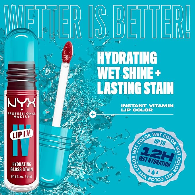 NYX PROFESSIONAL MAKEUP Lip IV Hydrating Glossy Lip Stain with 12HR Hydration - Red-y Set Wet (Red)