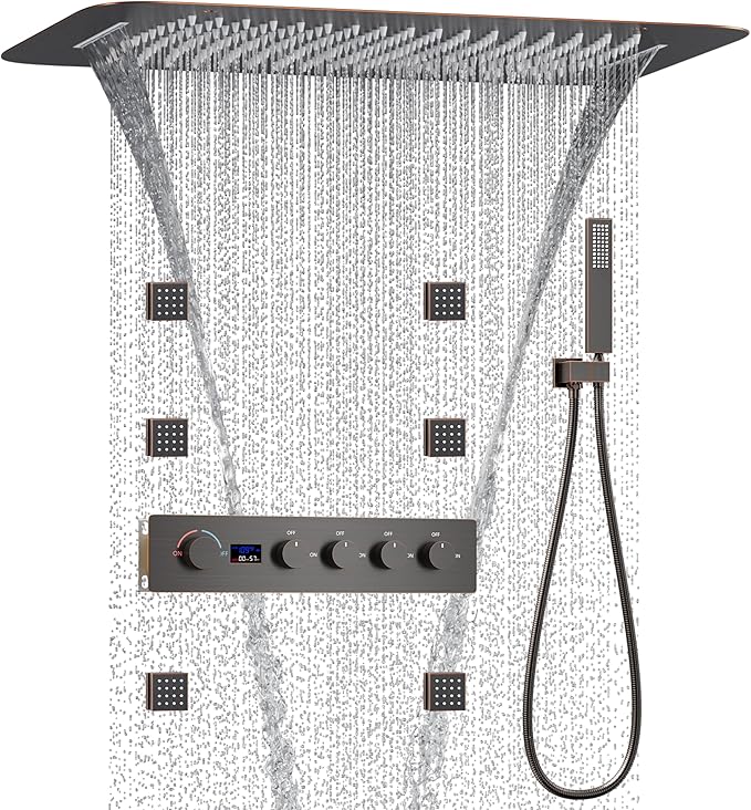 KATAIS Oil Rubbed Bronze Shower System with Digital Temperature Display, 16x24 inch Ceiling Shower(Rain&Waterfall Modes), with 6 PCS Body Jet and Handheld Spray