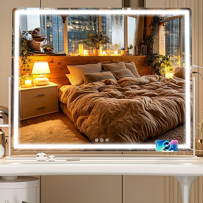 Large Vanity Mirror with Lights 34'' x 25.6'' - Touch Screen Hollywood Makeup Mirror, 3 Color Modes + Dimmable LED Lighting, Premium Aluminum Frame for Dressing Table