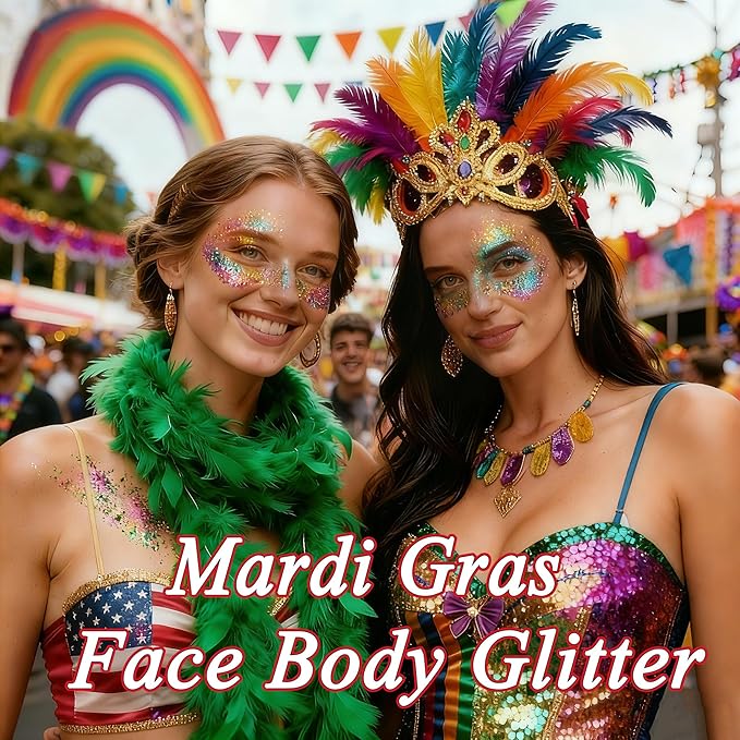 AROIC Face Glitter, 14Pcs Mardi Gras Accessories, Body & Hair Glitter Gel Sparkle Makeup for Women Party Rave Outfits, Concerts Festival Face Paint，Rave Accessories Music Festivals Black Light Party