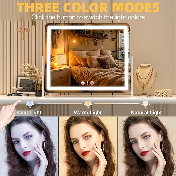 Large Vanity Mirror with Lights 29.5'' x 22'' - Touch Screen Hollywood Makeup Mirror, 3 Color Modes + Dimmable LED Lighting, Premium Aluminum Frame for Dressing Table & Bathroom