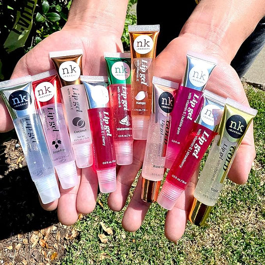 Bundle of 10 Lip Glosses - Gold, Rose Gold, Clear, Rosehip, Coconut, Watermelon, Mango, Strawberry, Bubble Gum, and Cherry Hydrating Lip Glosses with Vitamin E with a Glossy Finish