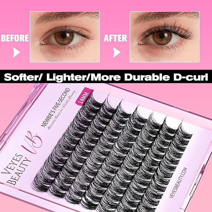 VEYESBEAUTY Lash Clusters Individual Eyelash Extensions Thin & Invisible Band DIY False Eyelashes for Self-application Newbie's Five-Second Series Wispy Lash Tray, Dreamy 14mm Single Length