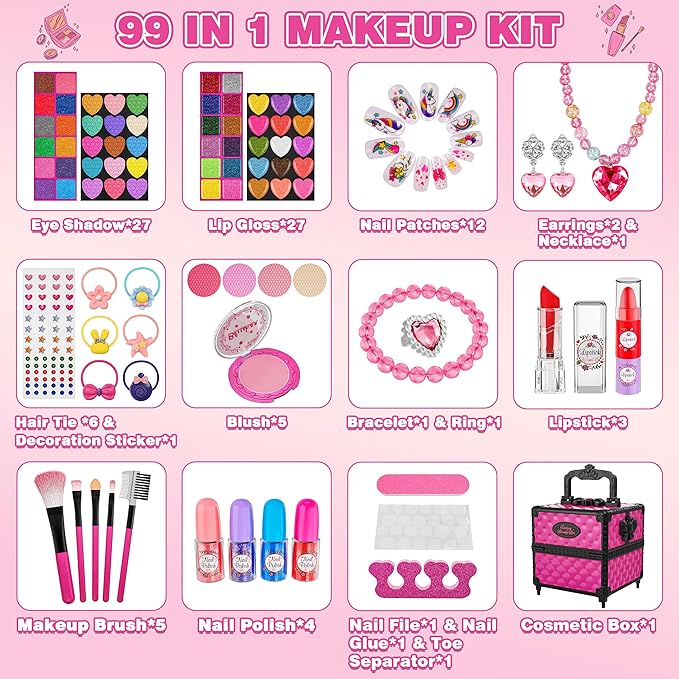 99 Pcs Kids Makeup Kit for Girls, Princess Toys Real Washable Cosmetics Set with Mirror,Rings, Necklace, Perfect for 3 4 5 6 7 8 Year Old Girls Birthday