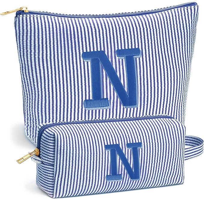 Fohufo Initial Travel Toiletry Bag for Women - Travel Essentials, Personalized Travel Makeup Bag Small Cosmetic Make up Bag Cute Stuff Birthday Gifts for Women Mom Girlfriend Teacher, Blue Letter N