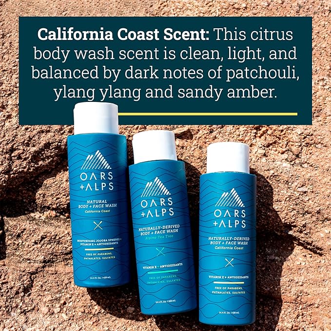 Oars + Alps Body and Face Wash for Men, Mens Body Wash & Face Cleanser with Vitamin E and Antioxidants, Moisturizing, Hydrating, Paraben & Sulfate Free Cleanser, California Coast, 3pk