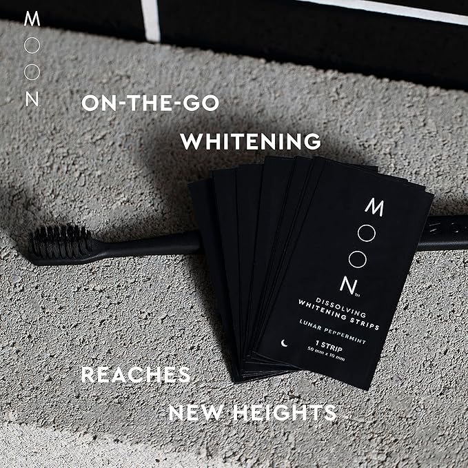 MOON Dissolving Teeth Whitening Strips, 56 No Rinse White Strips, Peppermint, Hydrogen Peroxide & Essential Oils, Whiten Sensitive Teeth up to 7 Shades in 2 Weeks, Travel Essentials, Vegan Oral Care