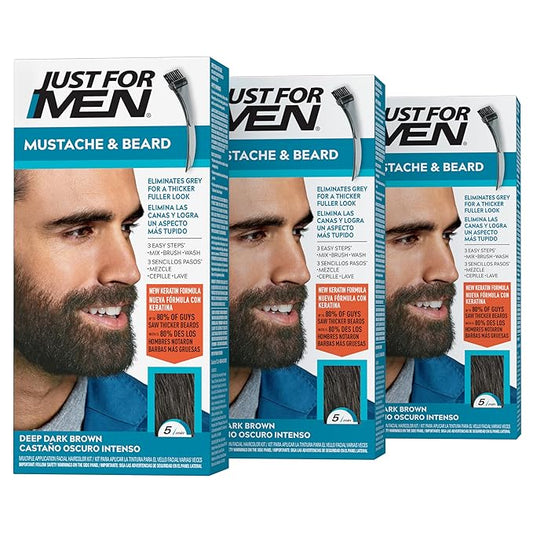Just For Men Mustache & Beard, Beard Dye for Men with Brush, With Keratin Biotin Aloe and Coconut Oil for Healthy Facial Hair - Deep Dark Brown, M-46, Pack of 3 (Packaging May Vary)