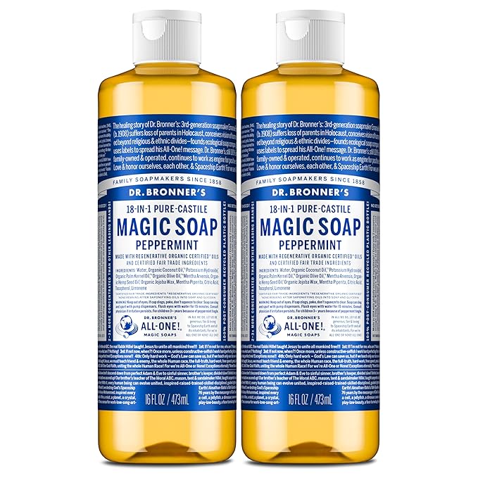 Dr. Bronner's Magic Soap-Pure-Castile Liquid Soap (Peppermint, 16 ounce, 2-Pack)-Regenerative Organic Certified Oils, 18-in-1 Uses: Body, Hair, Laundry, Pets & Dishes, Concentrated, Vegan, Non-GMO