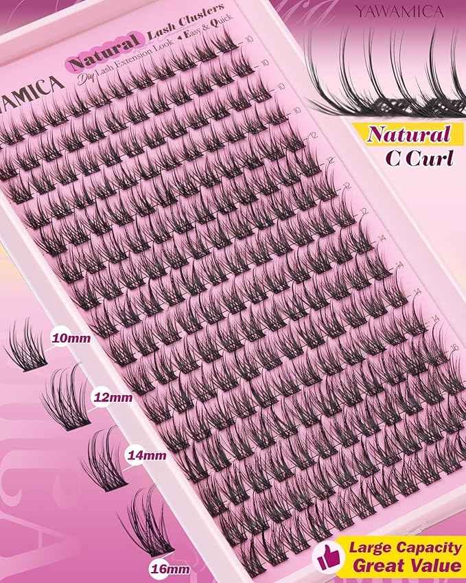 Yawamica Wispy Lash Clusters Kit DIY Eyelash Extensions 10-16mm C Curl Individual Cluster Lashes for At-Home Salon Look, Reusable False Eyelashes Clusters with 2-in-1 Bond and Seal & Tweezers