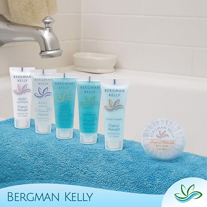BERGMAN KELLY Round Soap Bars, 2in1 Shampoo & Conditioner 2-Piece Set (Tropical Waterfall, 1 oz each, 100 pc), Delight Your Guests with Revitalizing & Refreshing Sanitary Toiletries & Hotel Amenities