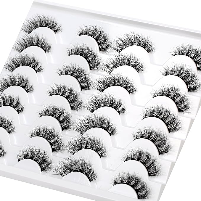 Pooplunch False Eyelash Strips Natural Crossed Cat Eye Lashes Fluffy Volume Wispy C-Curly Faux Mink Fake Eyelashes 14 Pairs Pack