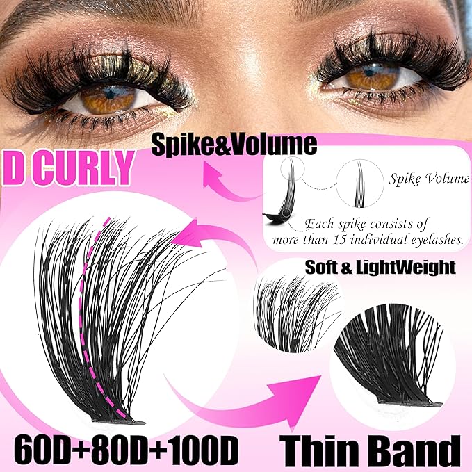 Lash Clusters Kit with Spikes Bottom clusters Eyelash Extensions 808Pcs with 2X Bond&Seal 60D/80D/100D 3D Volume D Curl Wispy DIY Individual Lashes Large Pack for Beginners Choice