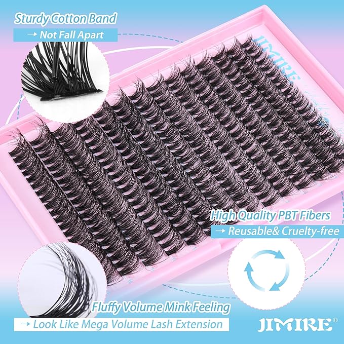JIMIRE 50D Fluffy Eyelash Extension Kit 280Pcs Volume Lash Clusters Kit Mink Lash Extension Kit with Lash Bond and Seal D Curl Cluster Eyelash Extensions Soft 9-16MM Individual Eyelash Clusters Kit