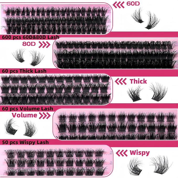 Volume Lashes Clusters Lash Kit 770Pcs with 2X Bond&Seal 5 style Mixed C-Curl False Eyelashes Extensions Kit Faux Mink Individual Wispy Lash Clusters Thick Lash Extensions DIY at Home Easily