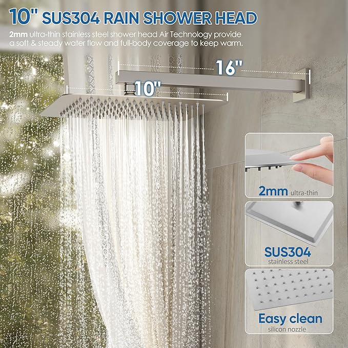 HoliSpa Shower System with Tub Spout, All Metal Tub Shower Faucet Set with 10" Rain Shower Head and Handheld Spray combo, Wall Mounted Tub Shower Systems with Valve and Trim Kit, Brushed Nickel