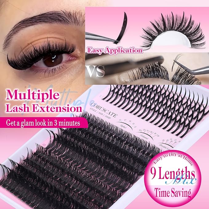 CORUSCATE Lash Clusters 60D80D with Lash Spikes Eyelash Clusters Volume Cluster Eyelash Extensions 10-21mm DIY Spiky Individual Lashes Mega Eyelashes Mink Strip Cluster Lashes