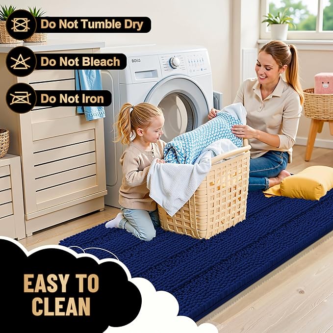 OLANLY Thick Bathroom Rugs 70x24, Extra Soft Absorbent Chenille Striped Bath Rugs, Rubber Backing, Machine Wash Dry, Bath Mats for Bathroom Floor, Tub and Shower, Home Decor Accessories, Navy