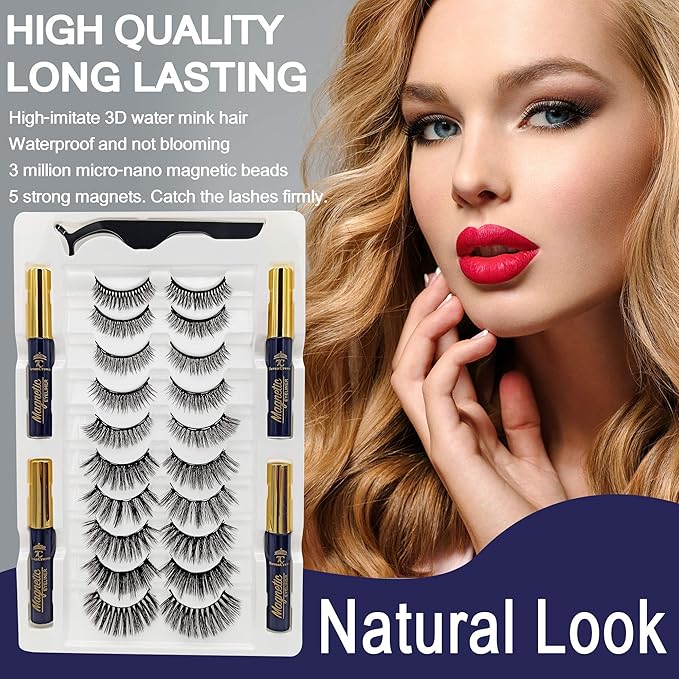 SevenCrown Magnetic Lashes Natural Looking Kit - 10 Pairs Reusable Magnetic Eyelash Kit with Applicator, Easy to Apply